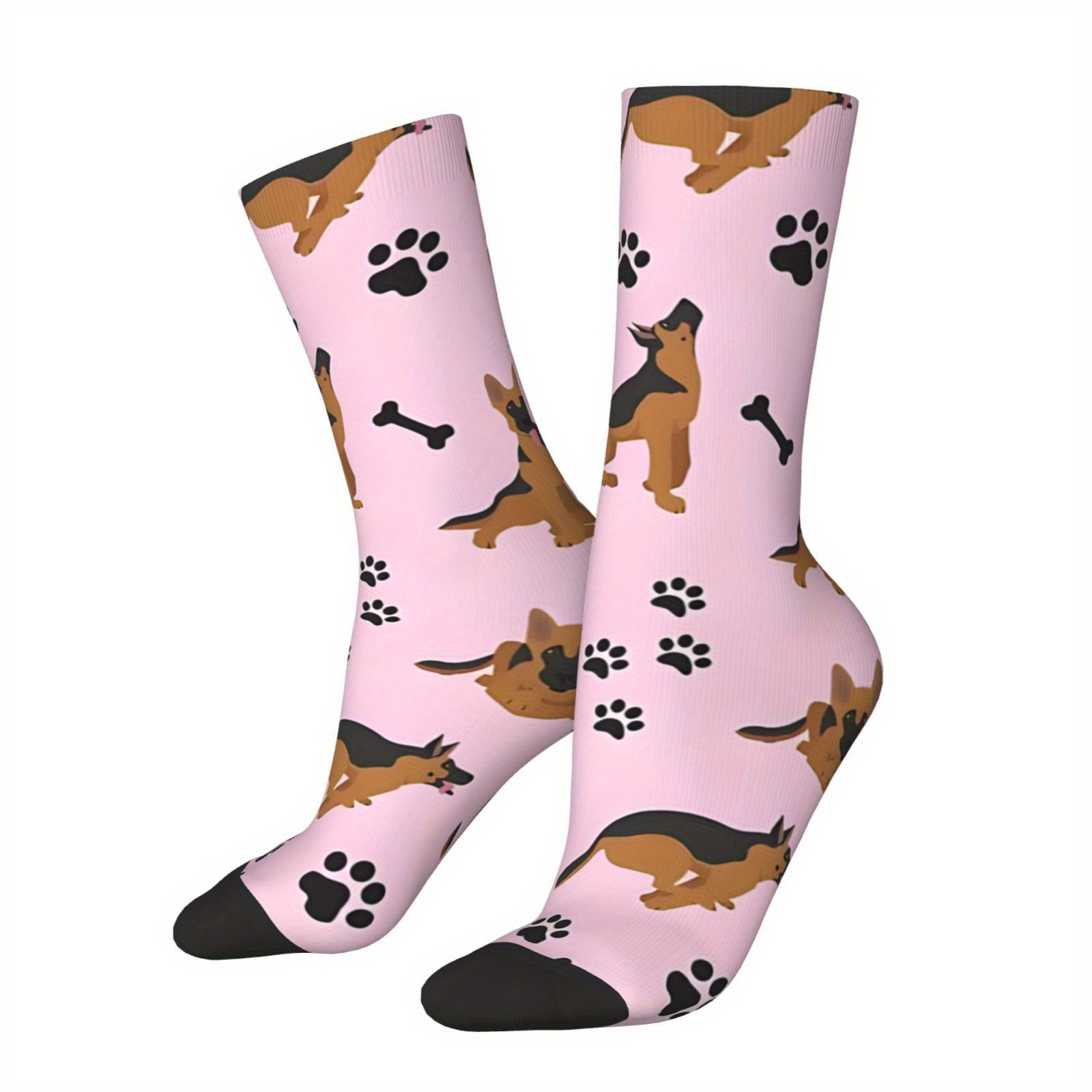 

1 Pair Socks With German Shepherd Design - Polyester & Spandex Knit Fabric, Hand Washable, Novelty Crew Socks For Men With Prints - Unisex Fun Hip Hop Style