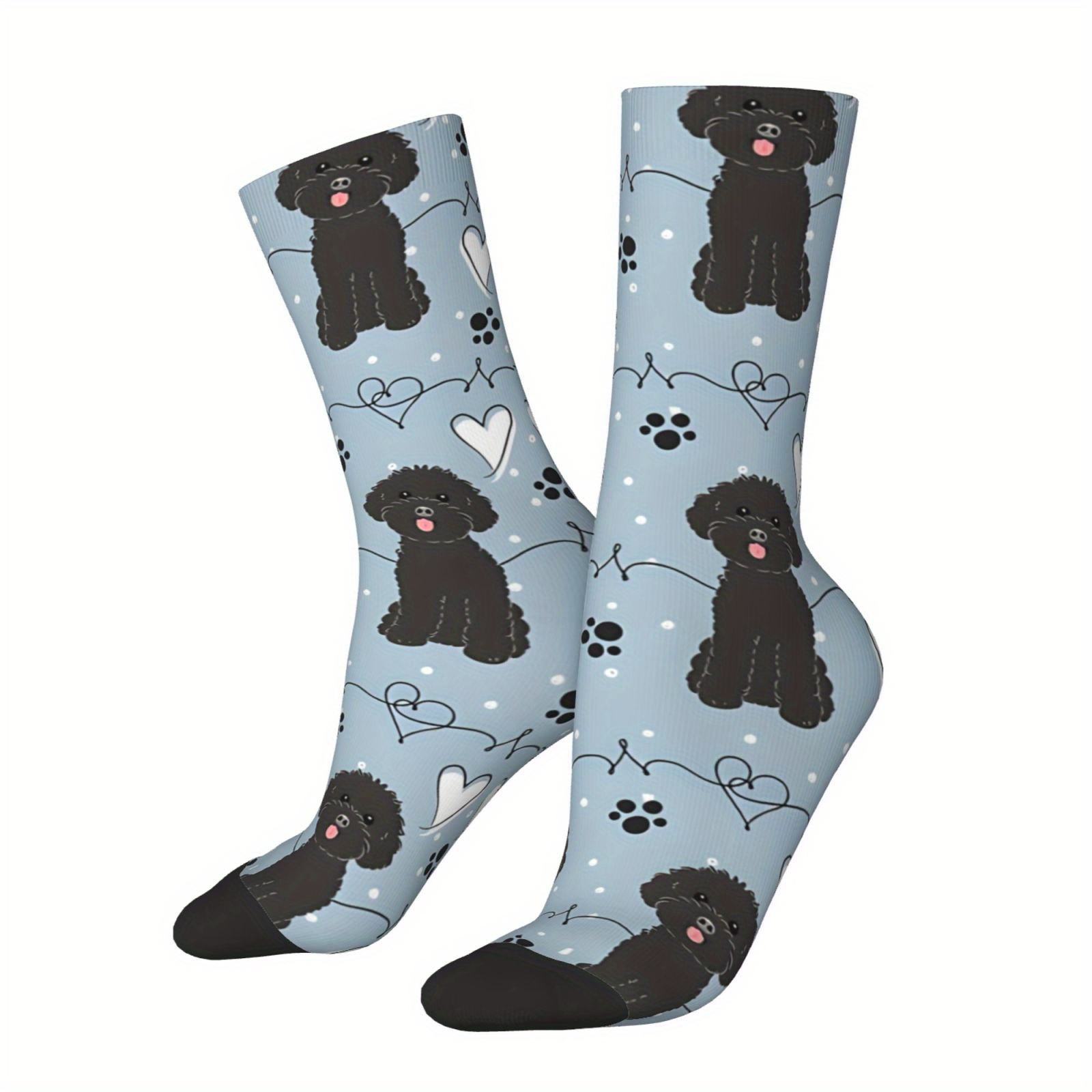 

1 Pair Men's Knee-high Socks With Black Poodle & - Breathable Polyester , Fun Novelty Gift For Boys, Cute Socks