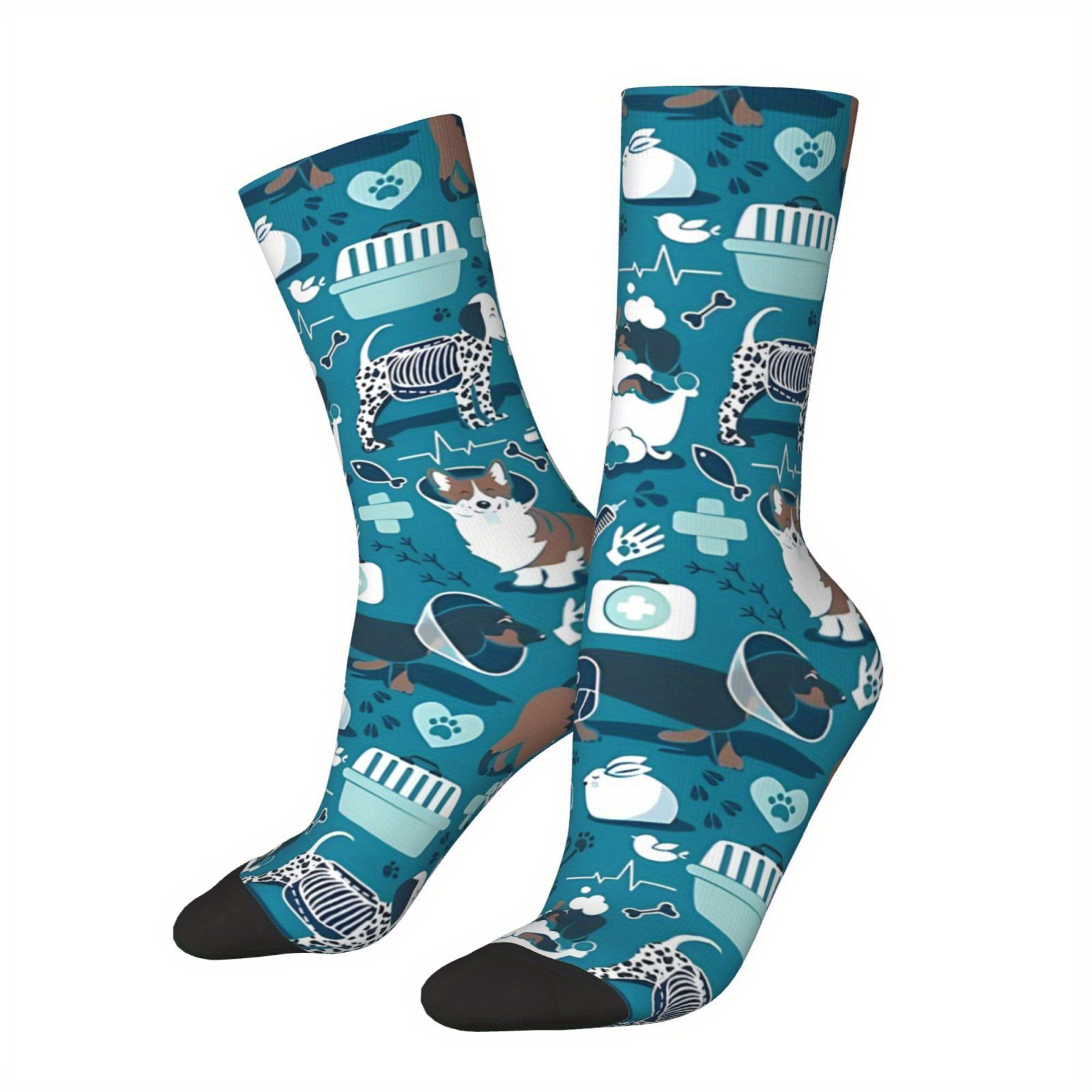 

1 Pair Socks - Polyester & Elastane , Knit Fabric, Hand Washable - Happy & Healthy Design With Cats, Dogs, And More - Crew Length, Novelty Hip Hop Style For Men