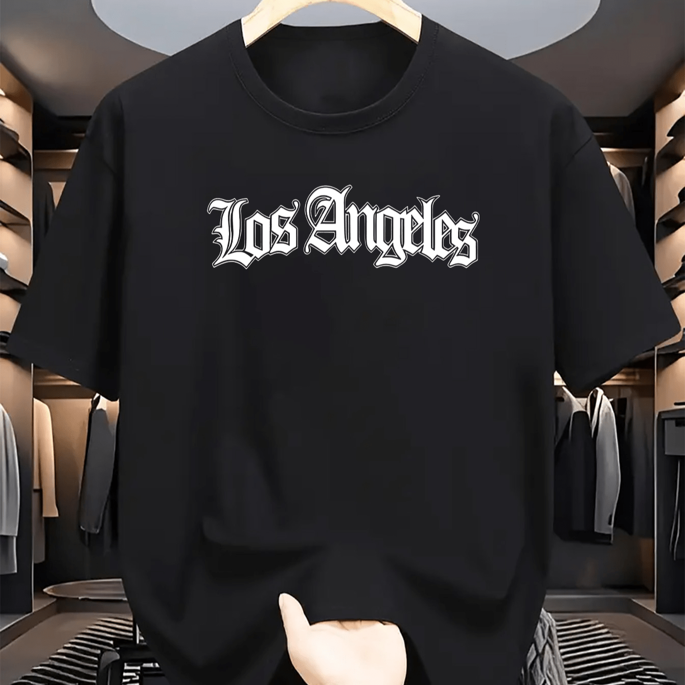 

Men's Letter Los Angeles Print Short Sleeve T-shirts, Comfy Casual Slightly Stretch Crew Neck Tops, For Summer