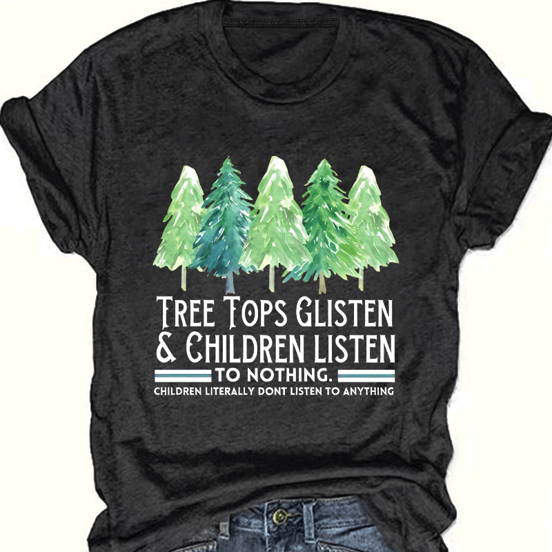 

Women' Short Sleeve T-shirt, Comfortable And Stylish, For Sports And , Letter And Tree Pattern