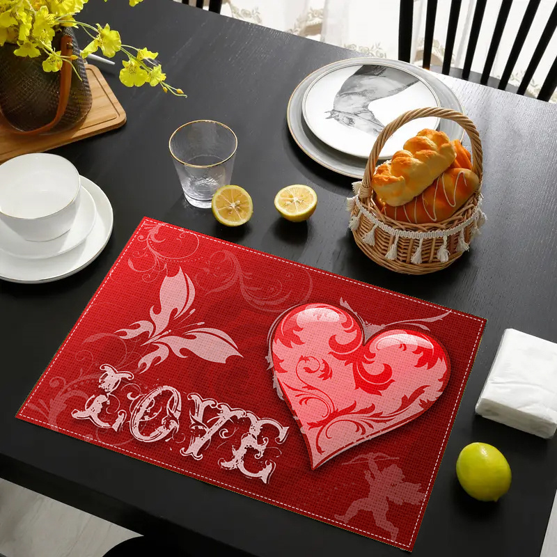 

2/4/6pcs Love Heart Placemats, Polyester Woven Table Mats, Rectangular Heat-resistant Dining Mats, Hand Wash Only, Kitchen & Dining Decor For Valentine's Day Party