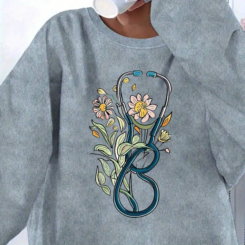 

Women's Casual Long Sleeve Crew Neck Pullover Sweatshirt With Stethoscope Floral Print, Lightweight Knit Polyester Blend, Machine Wash For All Seasons