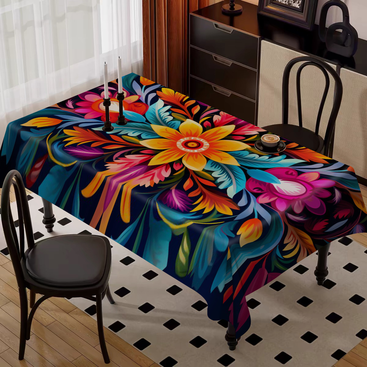 

Mexican Floral Tablecloth - 1pc, Vibrant Flower Pattern, Oil And Stain Resistant, All-season Polyester Table Cover, High-quality Elegance For Dining Table, Machine Made Woven Square Shape