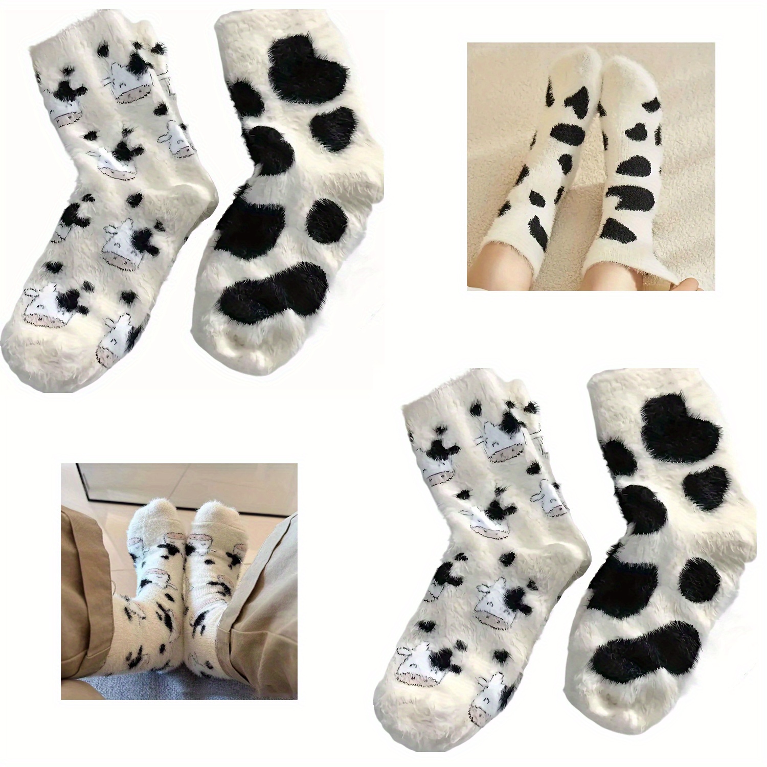 

4 Pairs Fuzzy Cow Print Socks For Women, Cute Winter Fluffy Slipper Slouchy Socks, Warm Thick Cozy Socks Cow Print Stuff Chunky Socks, Fall Gifts For Women, Cow Themed Gifts