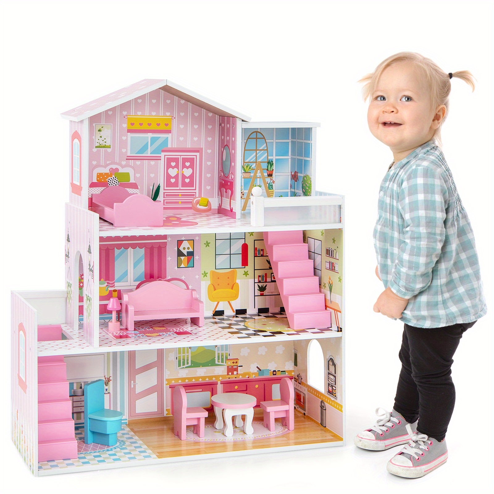 TEMU Ensemble de jeu de maison de poupée en bois pour enfants MULTIGOT avec 5 pièces simulées et 10 meubles