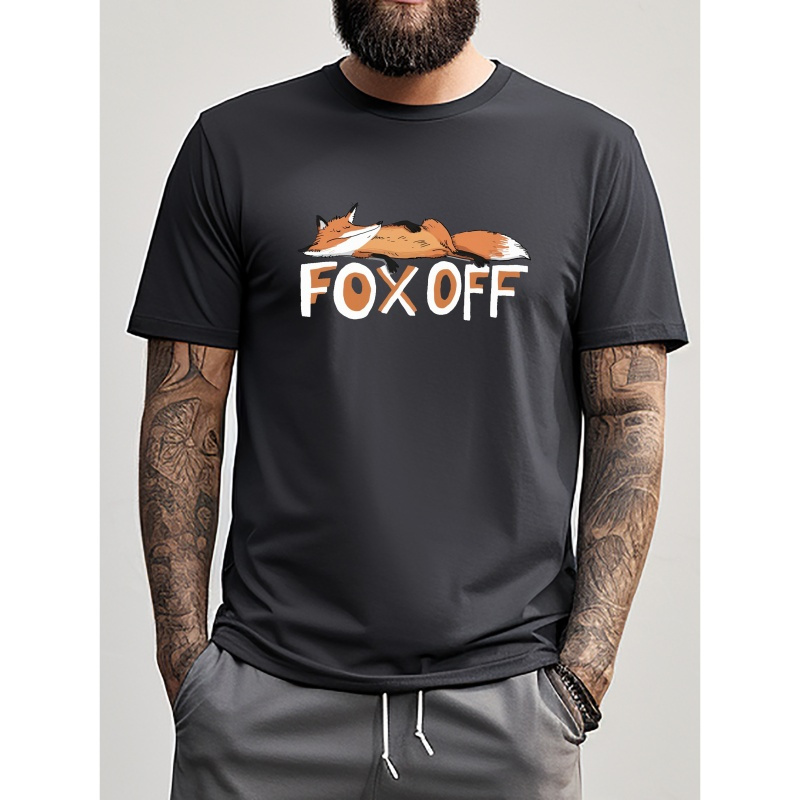 

Fox Off Cartoon Fox Print Slim Fit Short-sleeve, Simple T-shirt For Summer, Men's Round Neck Short-sleeve T-shirt, Casual T-shirt, Casual Comfortable Top