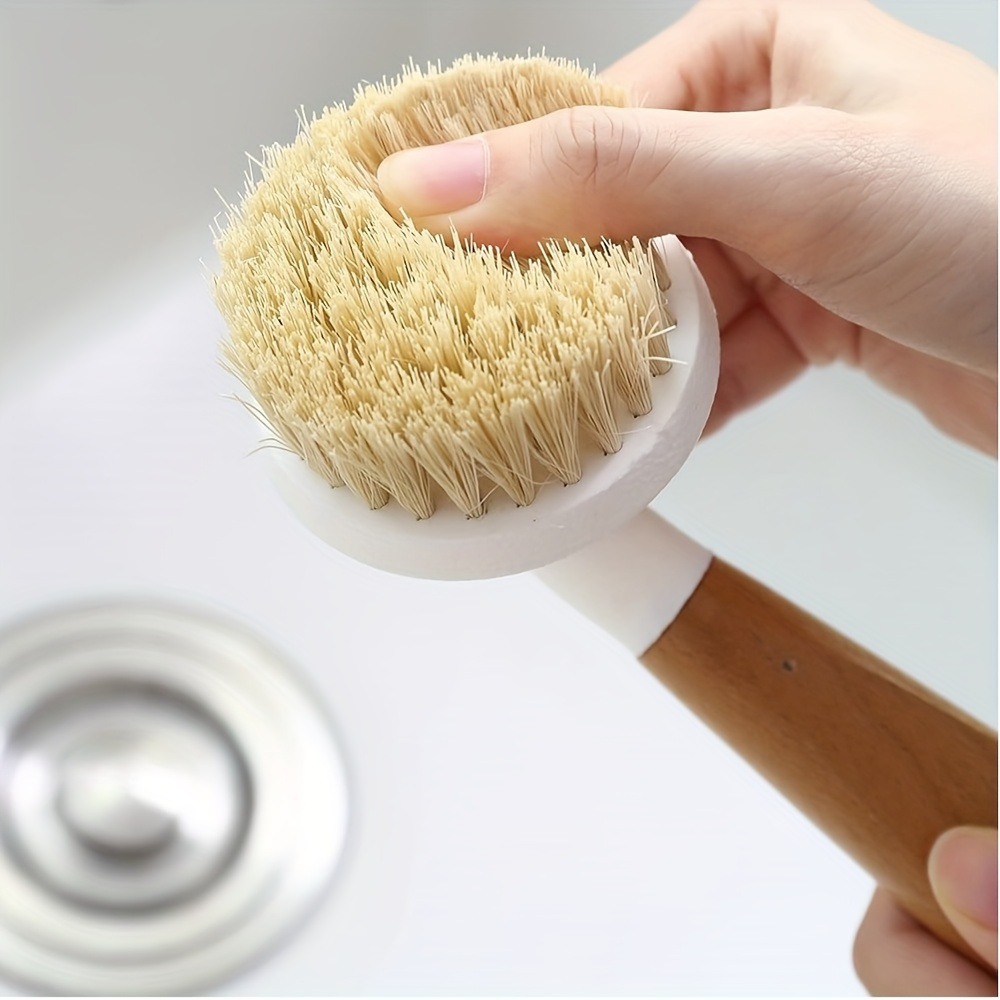 bamboo-handled pot cleaning brush with a long curved crank,  ;     as a single piece with a long handle for cooking pots. details 7