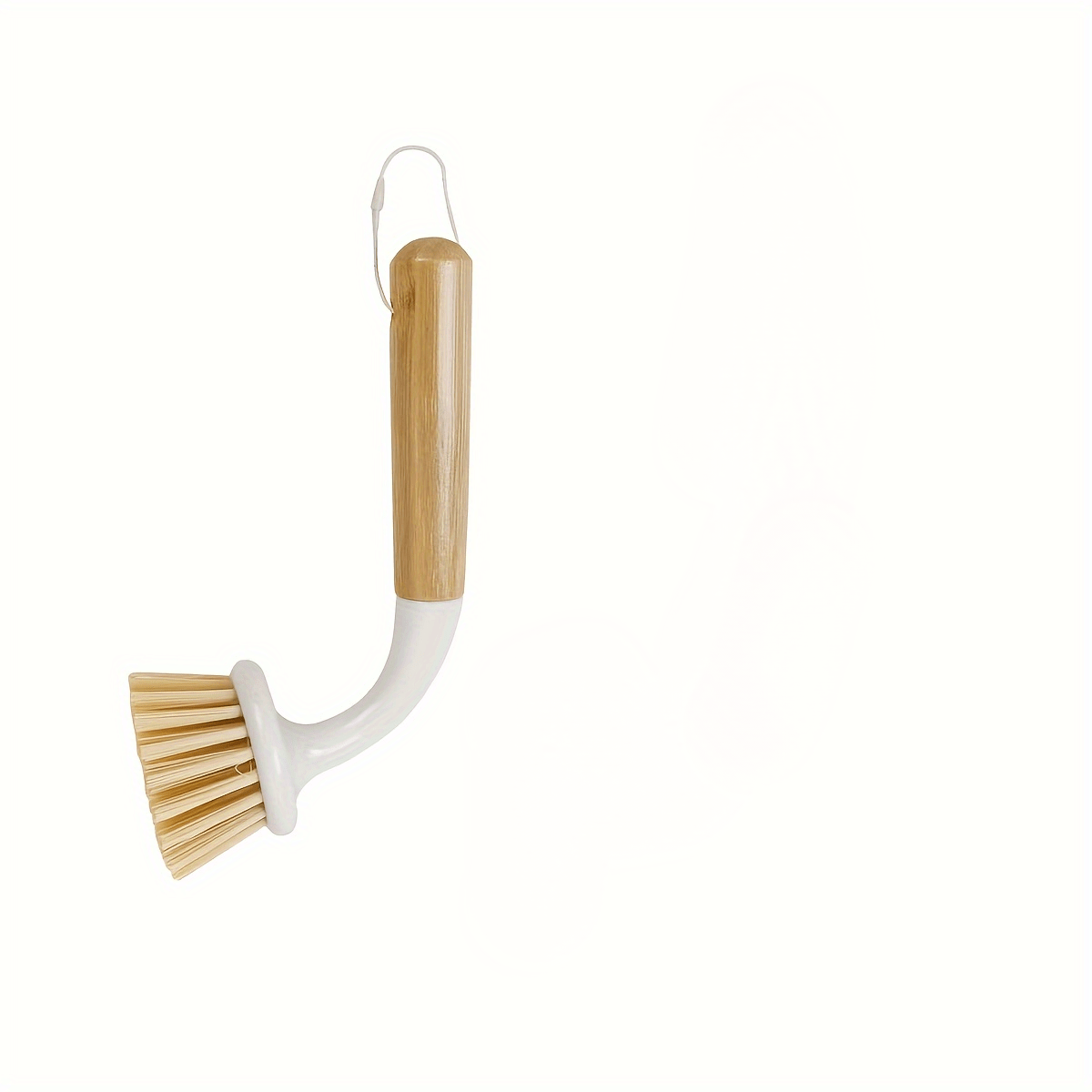 bamboo-handled pot cleaning brush with a long curved crank,  ;     as a single piece with a long handle for cooking pots. details 0