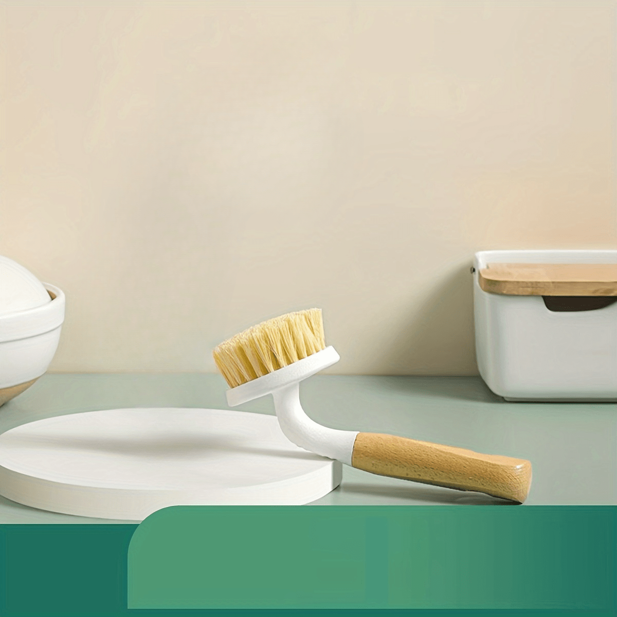 bamboo-handled pot cleaning brush with a long curved crank,  ;     as a single piece with a long handle for cooking pots. details 3