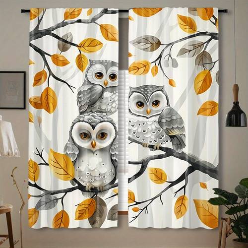 2 pieces owl printed curtains decorative rod pocket window for bedroom living room home decoration contemporary style semi transparent suitable for