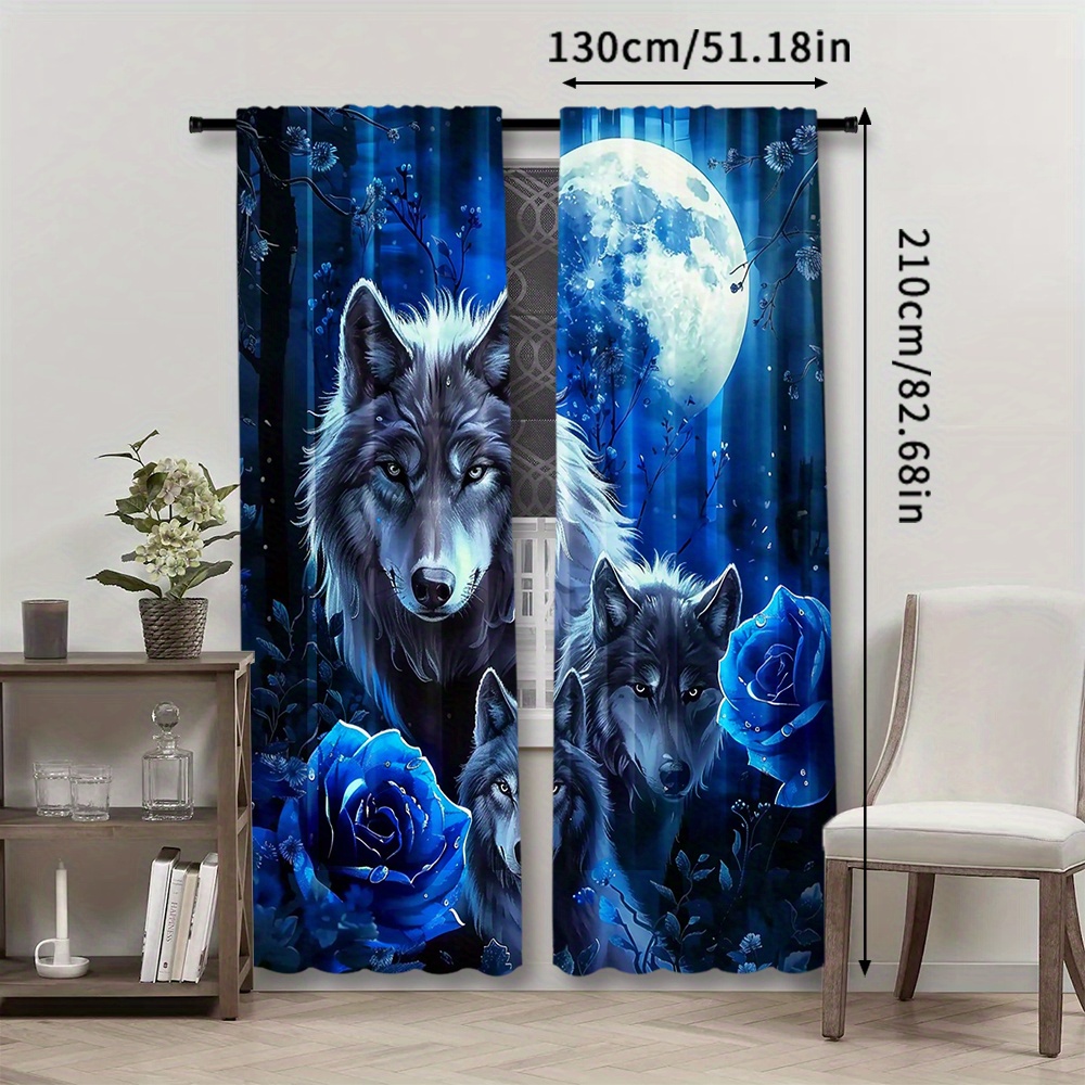 Set Of 2, Stylish Polyester Curtains Featuring A Wolf Design, Suitable For Bedroom, Living Room, Kitchen, Office, And Home Decoration With A Rod