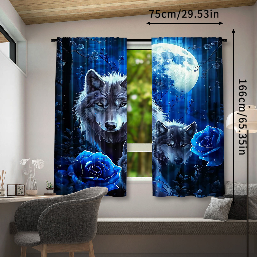 Set Of 2, Stylish Polyester Curtains Featuring A Wolf Design, Suitable For Bedroom, Living Room, Kitchen, Office, And Home Decoration With A Rod