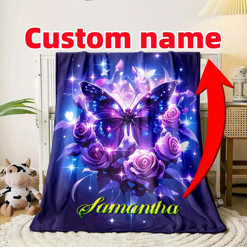 

Personalized Purple Roses & Blanket - Custom Name Lightweight Flannel Throw, For Sofa, Bed, Travel, Office - Fleece, Perfect Gift For Family & Friends, Personalized Blanket