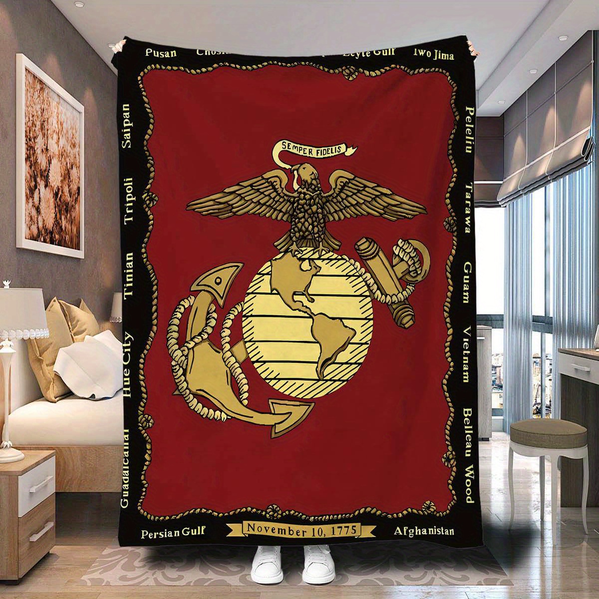 

Marine Corps Emblem Flannel Blanket - 1pc Knitted Polyester Plush Throw, Digital Print Pattern, All-season Cozy Bed Cover, Machine Washable, 200-250g Lightweight Fabric