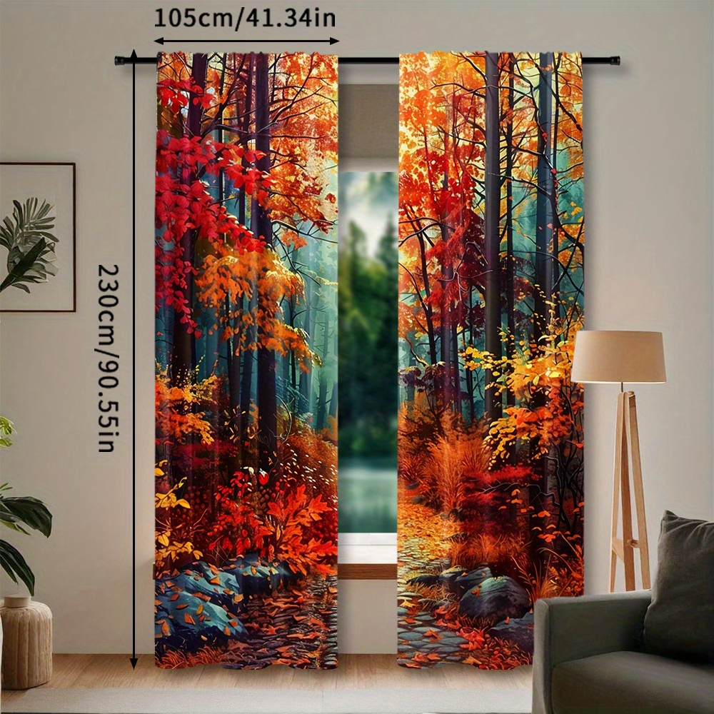 TEMU 2pcs Vibrant Autumn Forest Curtains - Rod Pocket Window Treatment With Lake & Foliage Design, Perfect For Bedroom, Office, Kitchen, Living Room,