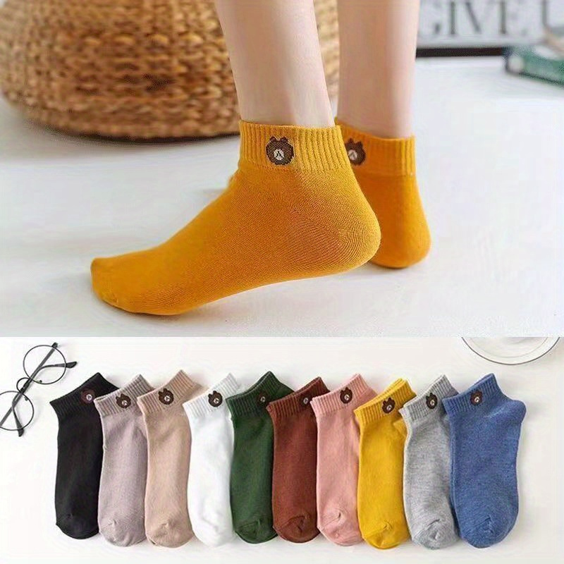 

10 Pairs Women's Soft & Lightweight Ankle Socks - Cozy Ribbed Cuff, Breathable Polyester Hosiery In 10 Colors (yellow, Orange, Brown, White, Green, Pink, Blue, Black, ) For Casual Wear, Cute Socks