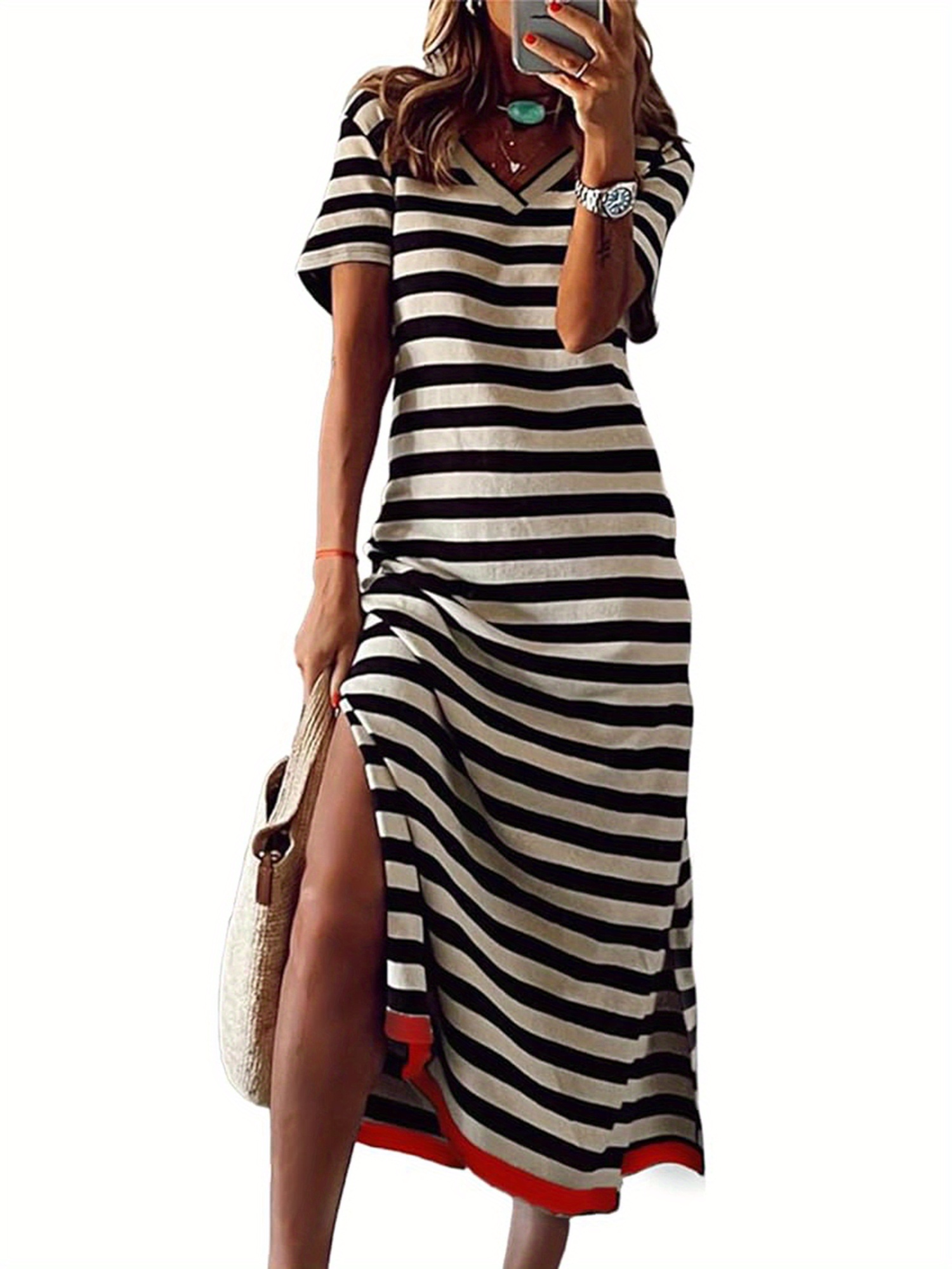 women's t-shirt dress loose fitting v neck short sleeve side split striped  long dress for summer | Free Shipping On Items Shipped From Temu | Temu