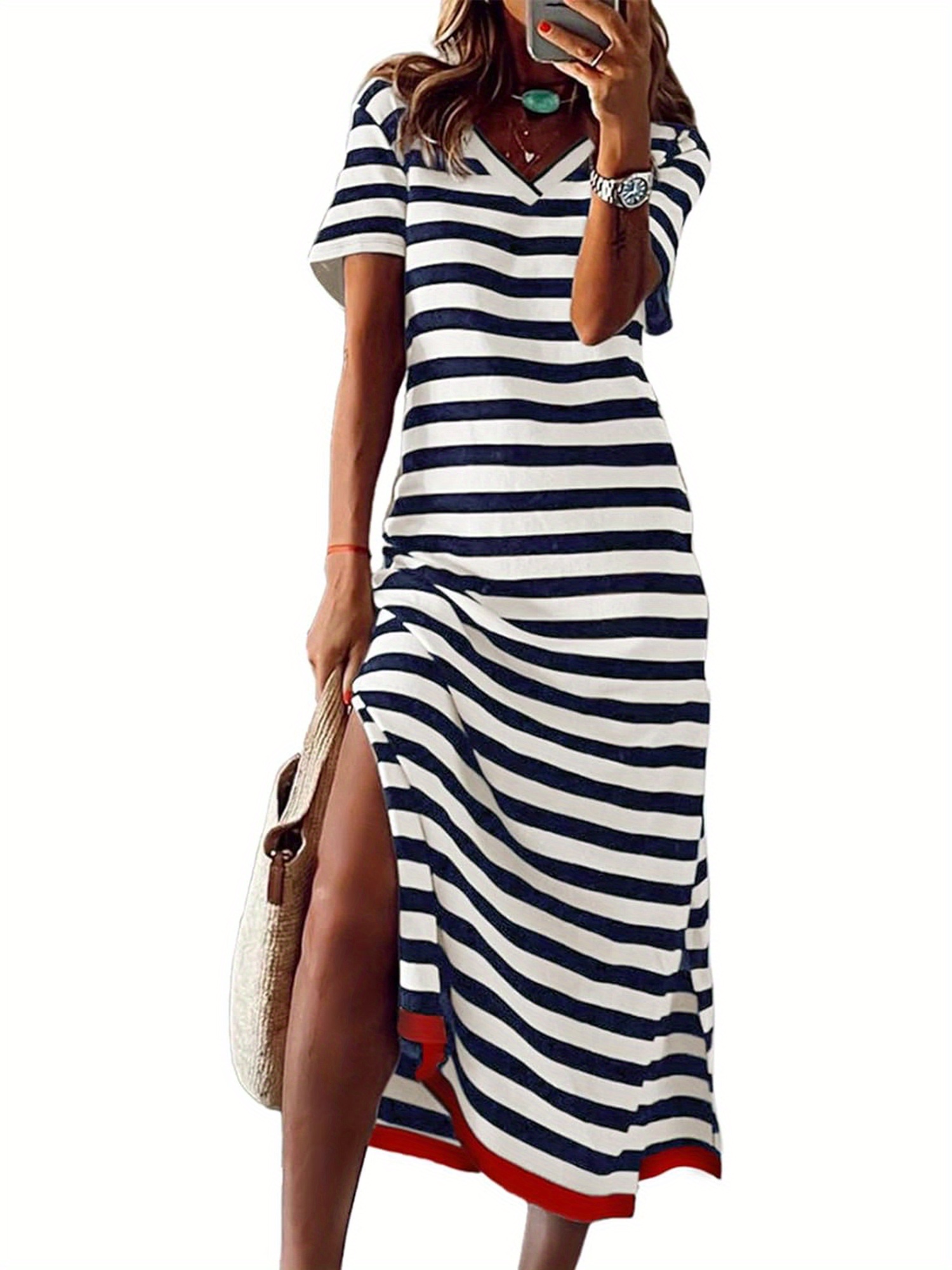 Women'S T-Shirt Dress Loose Fitting V Neck Short Sleeve Side Split Striped  Long Dress for Summer
