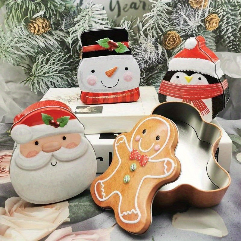 

Christmas-Themed Iron Gift Boxes with Festive Designs - Set of 1 Gingerbread Man, Santa, Snowman, and Penguin - Durable Metal Sugar Box for Holiday Home Decor and Gift Giving