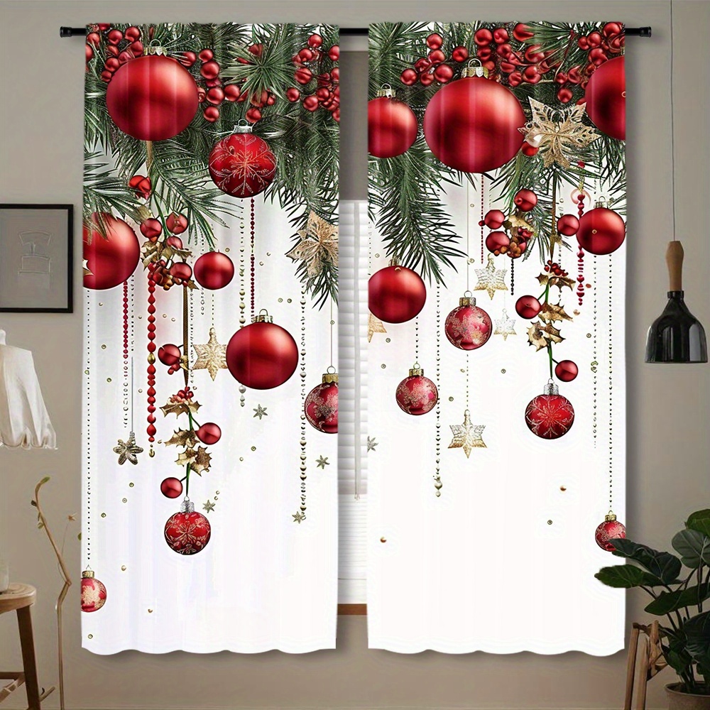 

2pcs Set Christmas Curtains - Rod , Polyester, Living Room, Kitchen, Bedroom & More - Machine Washable Home Decor