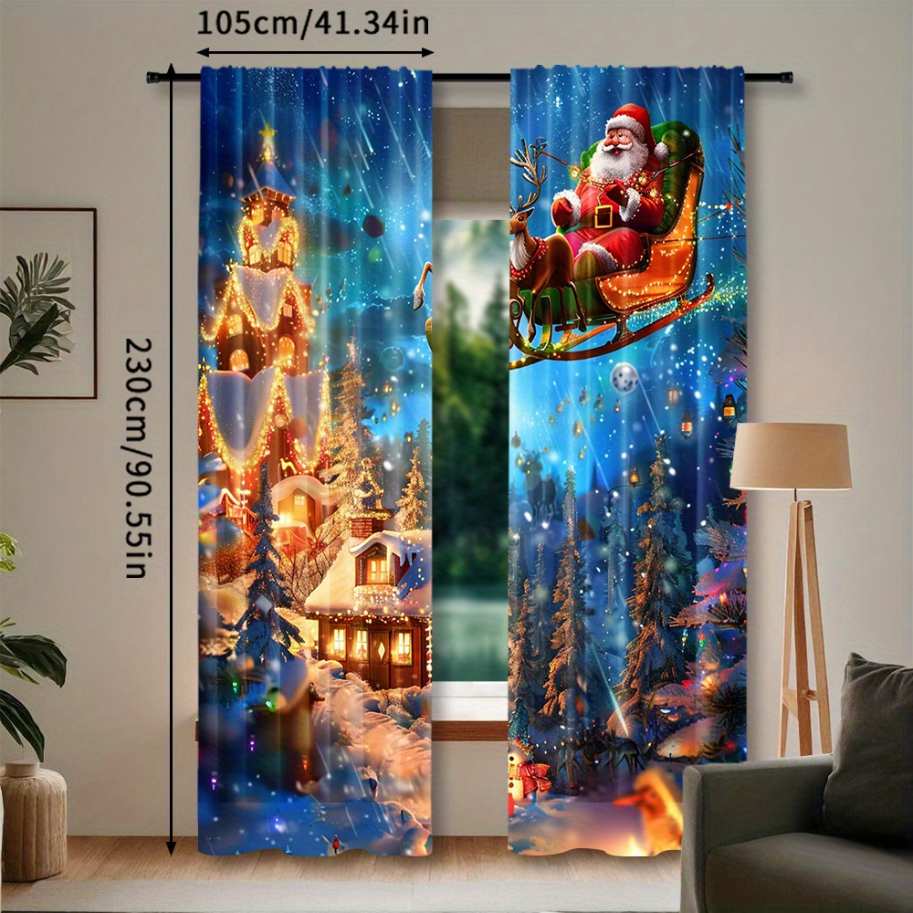 TEMU 2pcs Festive Christmas Santa Claus Blackout Curtains, Semi-sheer Polyester Rod Pocket Window Drapes For Bedroom, Living Room, Kitchen, Office -