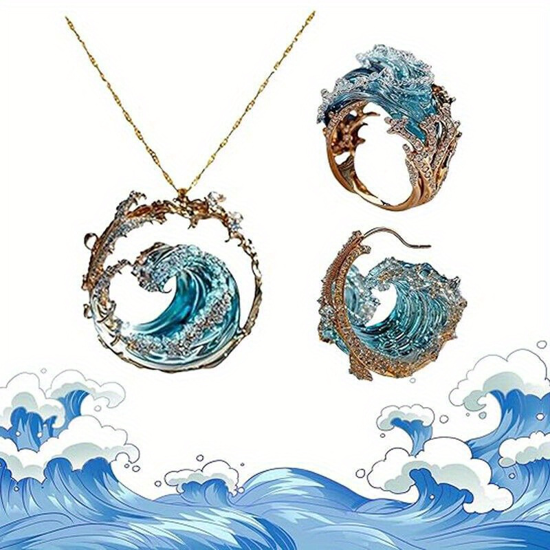 

3pcs Sea Oath Jewellery Collection-exquisite Bohemian Blue Sea Wave Design Necklace, Earrings And Ring Suit For Women And Ladies-fashion, Trendy And Striking Everyday Accessories