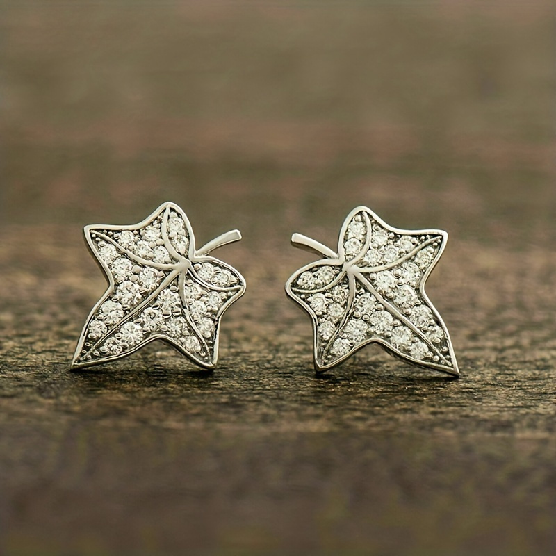 TEMU 1 Pair Women Fashion Stud Earrings Creative Personality Micro Synthetic Zirconia Maple Leaf Bride Wedding Engagement Jewelry Party Gift