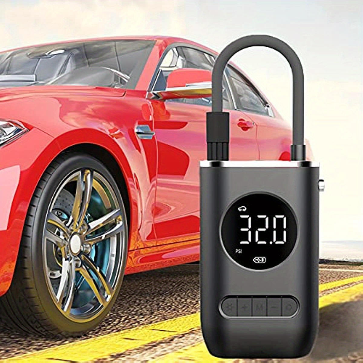 one portable air compressor and inflator a mini cordless tire pump that can to 150 psi suitable for bicycles motorcycles cars basketballs and volleyballs sports and outdoor activities usb rechargeable and operates automatically made from abs material making it an gift details 2