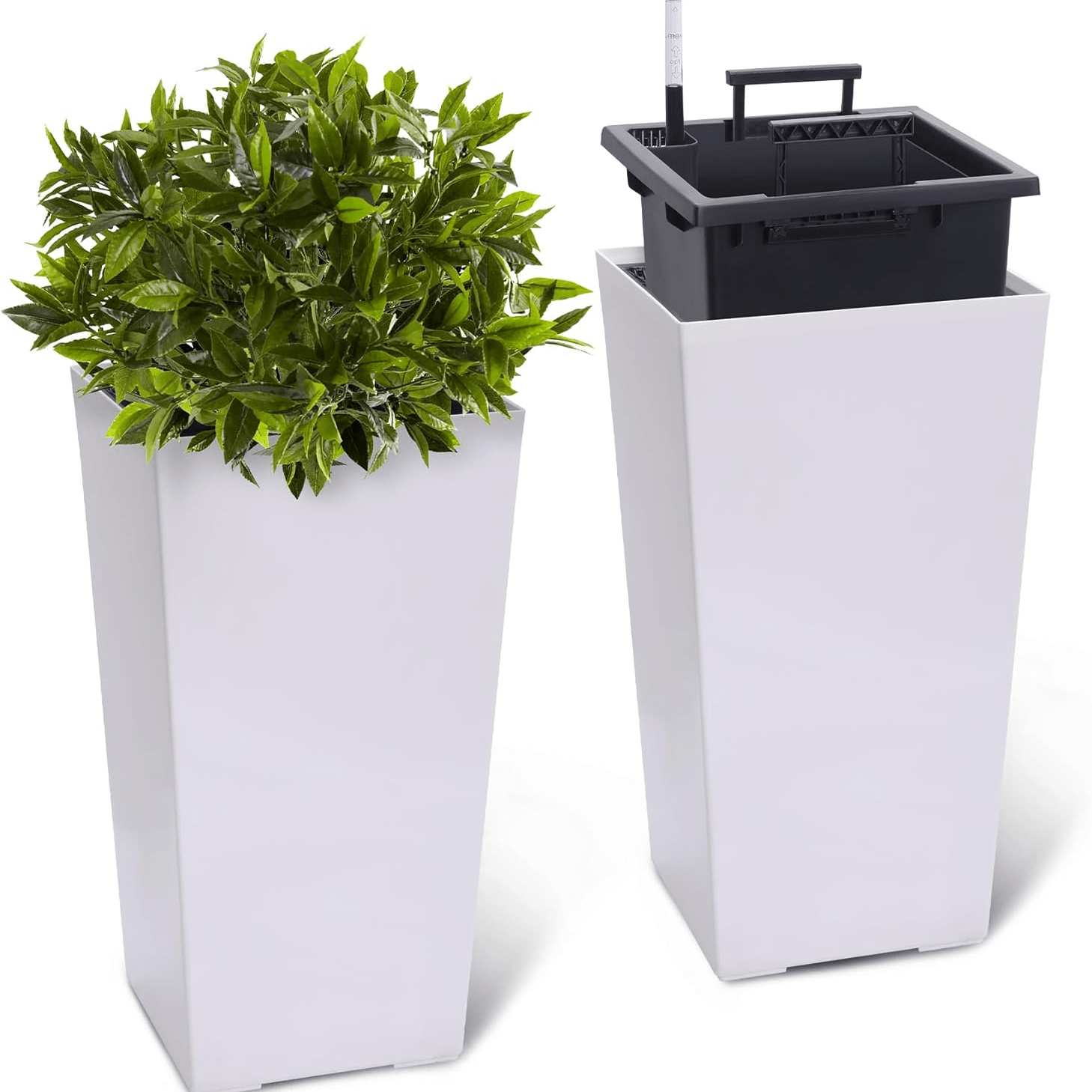 

23 Tall Planters Set Of 2 Planters For Outdoor Or Indoor Plants Modern Plant Pots With Drainage Holes Water Level Monitor Inner Bucket Automatic Watering White