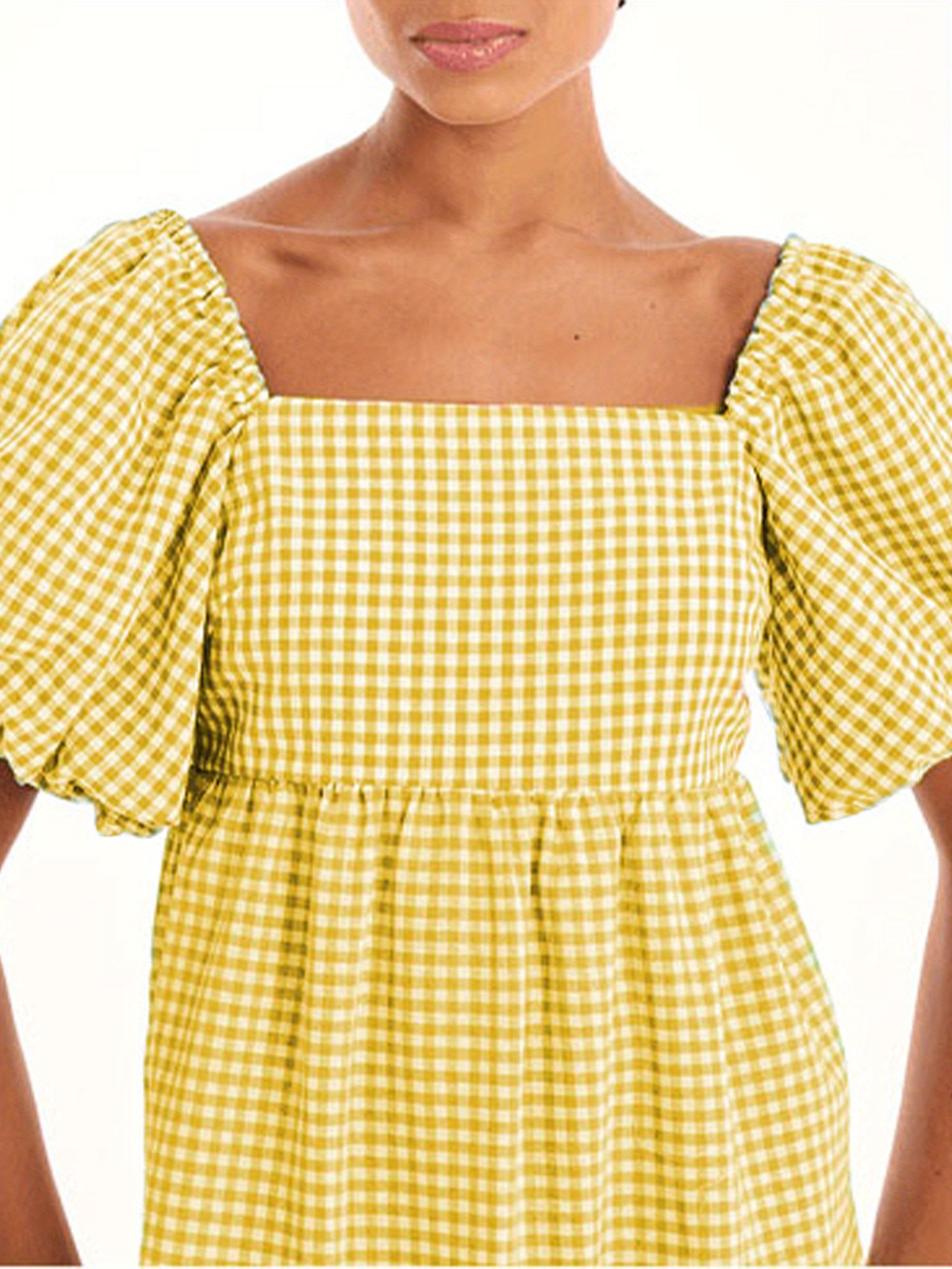 ワンピース Uhr Checkered Tiered Dress yellow&black elegant yellow gingham check maxi dress women puff sleeve - Temu
