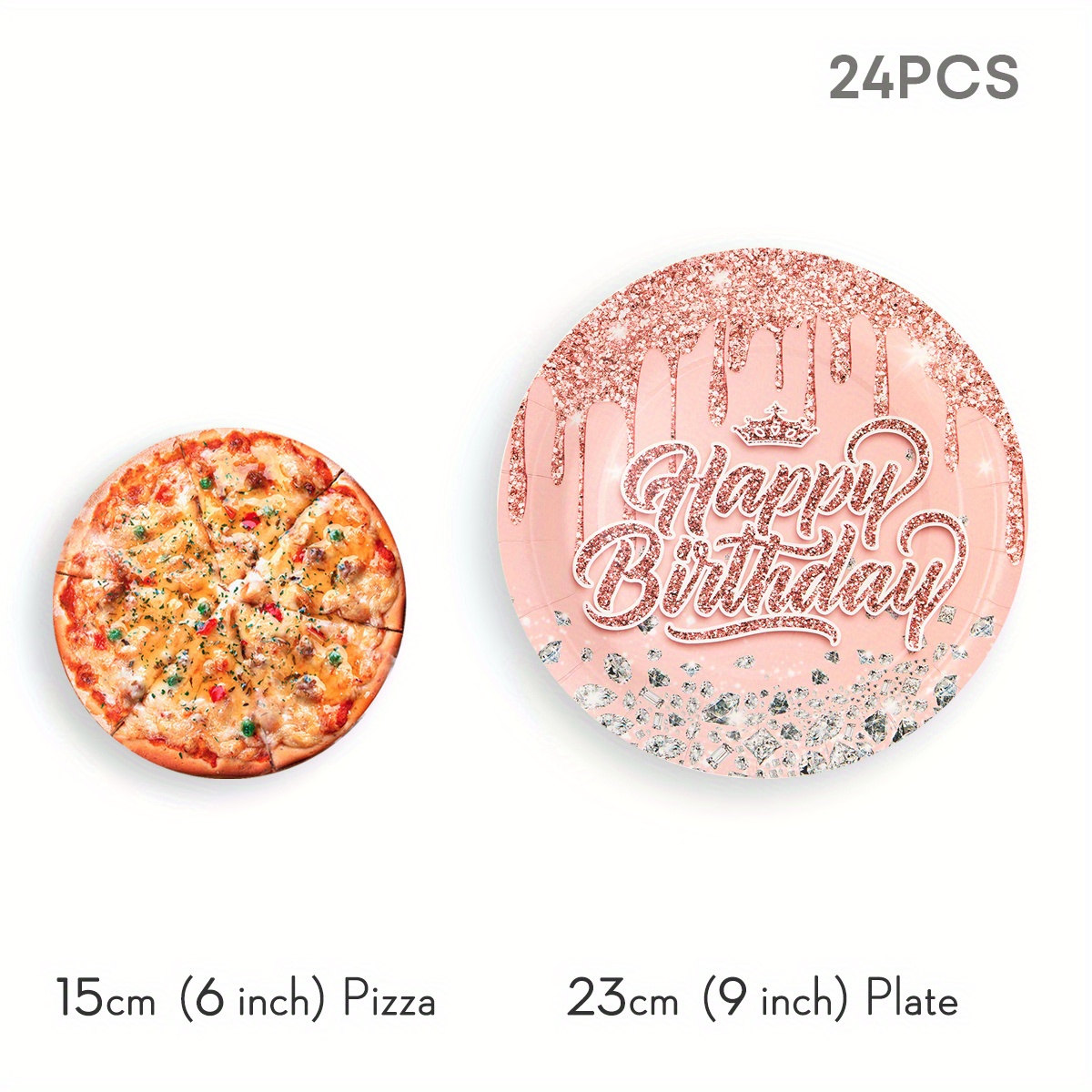 7/ 9 Inch Diamond Party Plates, Pink Rose Golden Happy Birthday Paper Plates, Disposable Tableware For Birthday Celebration, Anniversary, Bachelorette, Dinner Party, Photo Booth And Table Decorations