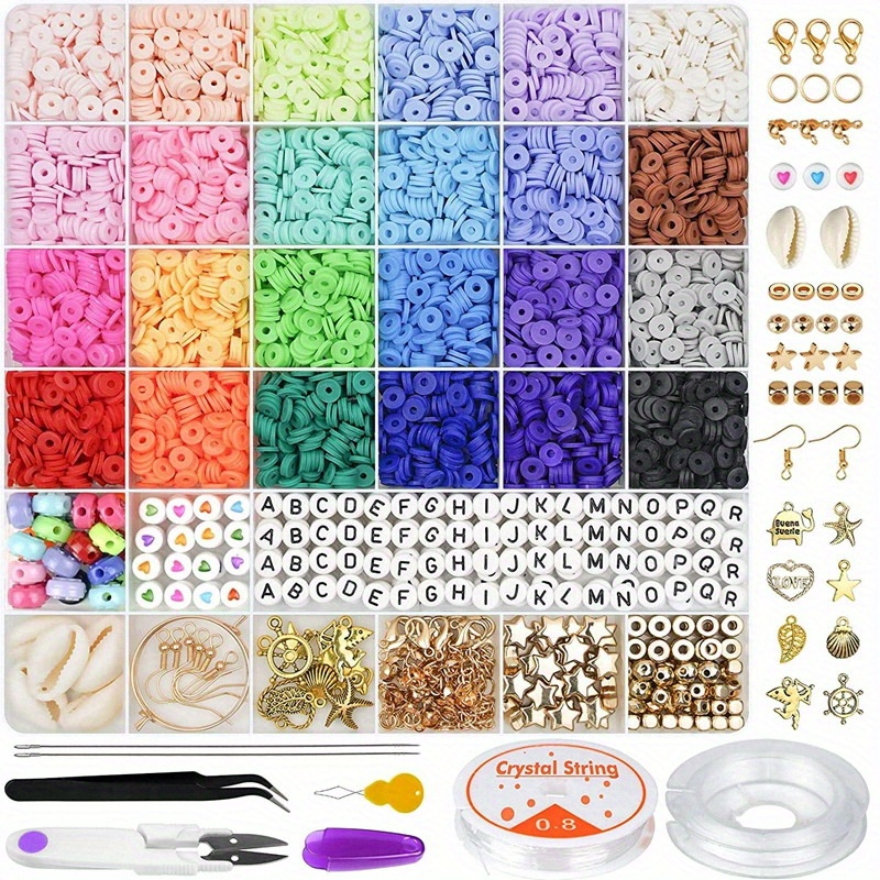 

6000pcs Polymer Clay Bead Kit For Bracelets - 24 Vibrant Colors, 6mm Flat Round Beads With Black Gemstone Spacers, Charms & Cord For Making