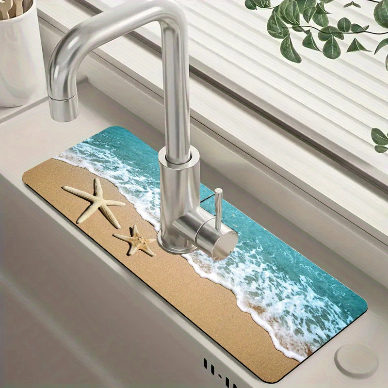 

1pc Beach & Starfish Print Faucet Guard - Moisture-proof Kitchen And Bathroom Countertop Mat, Polyester