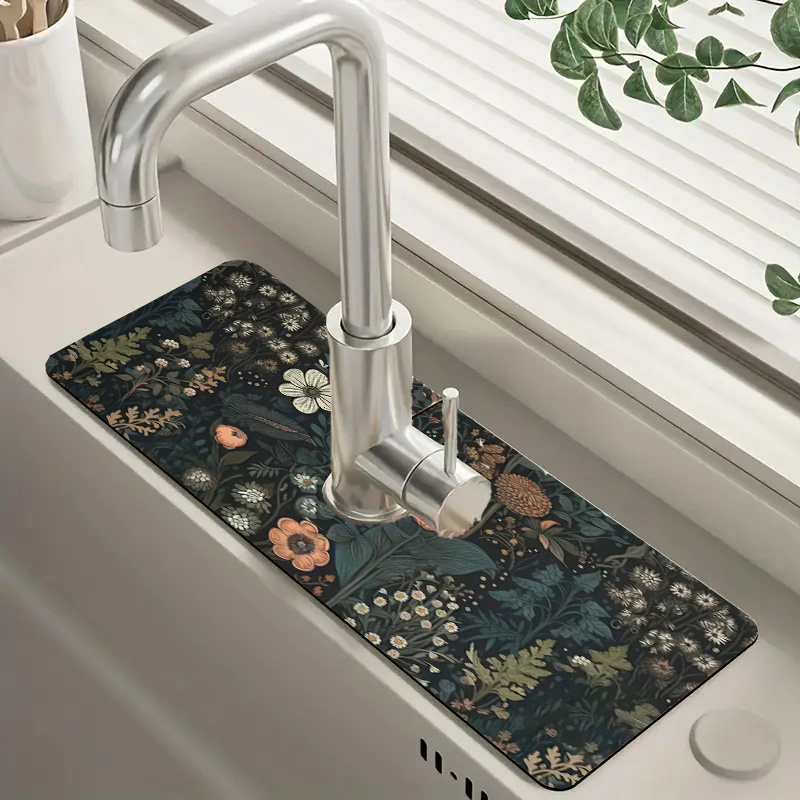 

1pc Botanical Print Sink Splash Guard Mat, Synthesis100 Polyester Faucet Drip Catcher Pad, Kitchen Bathroom Counter Protection Accessory, Fashionable Flower Design Dish Drying Mat