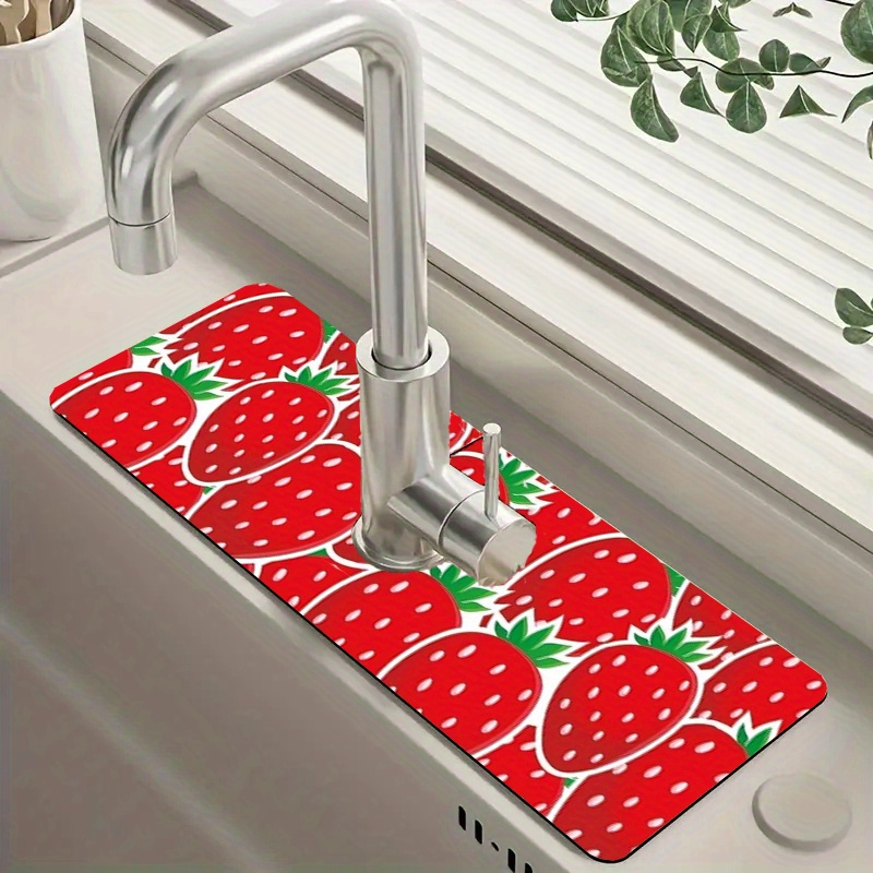 

Vibrant Strawberry Print Faucet Drain Mat, Polyester, Splash & Moisture Resistant For Kitchen & Bathroom Countertops, Protective Drying Pad - Ideal For Home Accessories