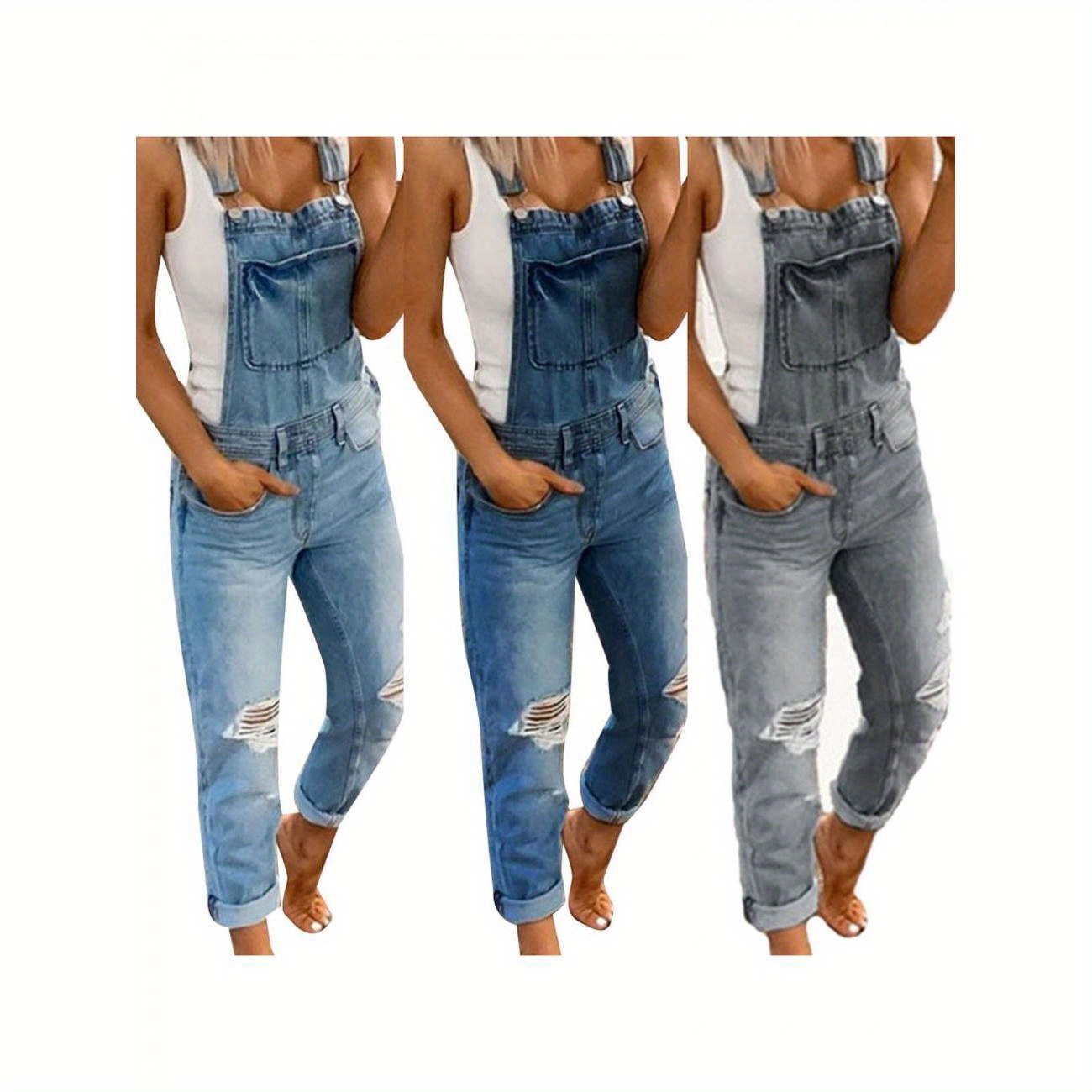 

Women Summer Overalls, Denim Ripped Suspenders Trousers With Chest Pocket For Girls, Grey/dark Blue/light Blue