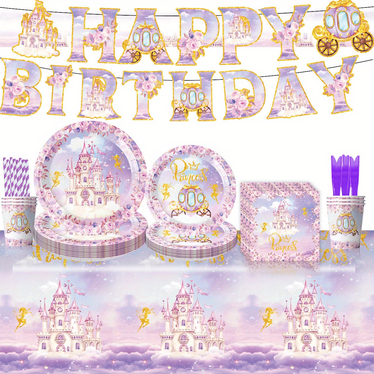 

Festive Princess Castle Party Supplies: 50 Pcs/80 Pcs Paper Plates, Cups, Forks, Knives, Spoons, Tablecloth, Banners, And Decorations For Kids' Birthday Parties