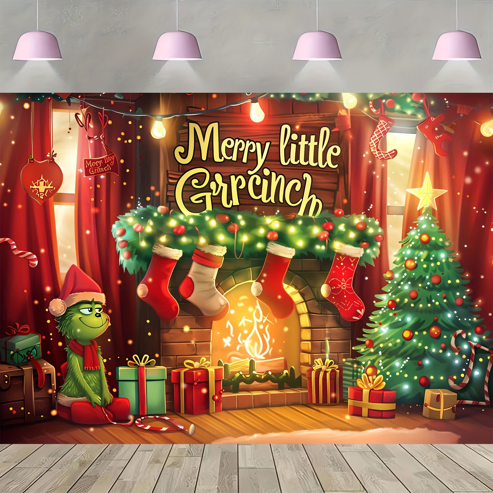 

Christmas Party Backdrop Banner - Cartoon Fireplace & Tree Design, Polyester, No Power Needed | Perfect For Holiday Celebrations & Photography