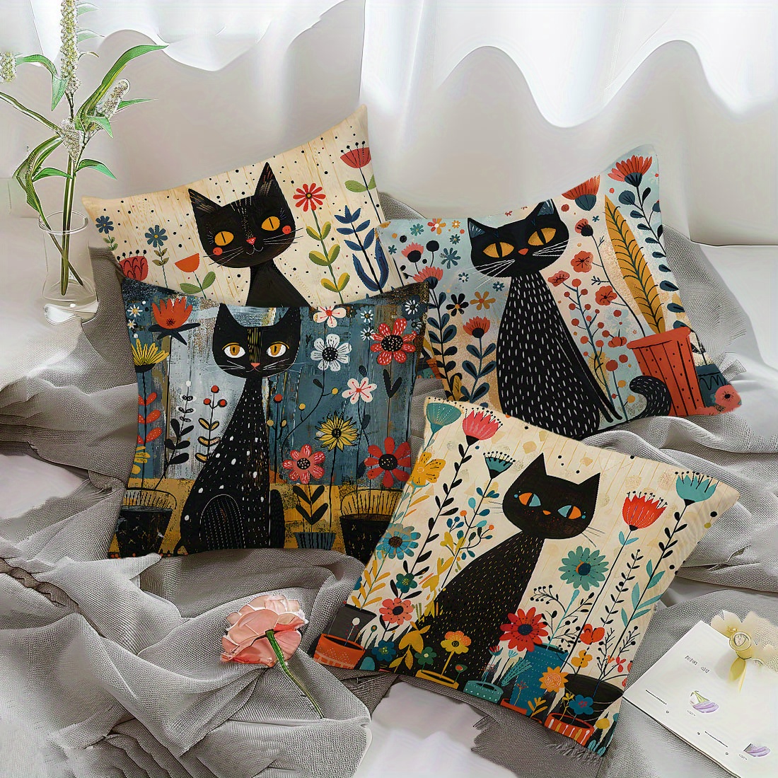 

4pcs Set Black Cat & Floral Throw Pillow Covers, 17.7x17.7in - Contemporary Style Zippered Polyester Cushion Cases For Living Room Sofa And Bedroom Decor, Machine Washable (inserts Not Included)