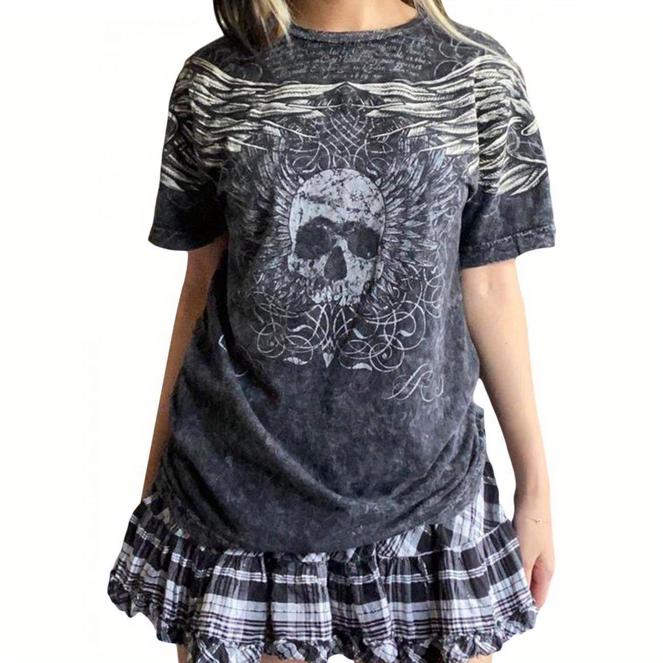 

Women's Round Neck T-shirts, Gothic Short Sleeve Skull Wings Print Relaxed Fit Tops