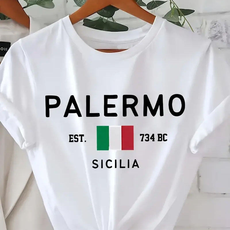 

Casual Italian Flag Pattern And Lettering Printed T-shirt, Short Sleeved Round Neck Summer And Spring Casual Top, Women's Clothing