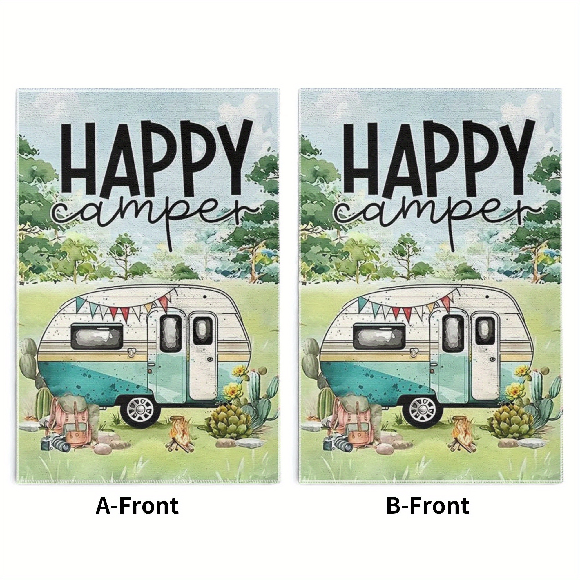 

Happy Camper Themed Dish Towels - Set Of 2, 18x26 Inch Polyester Kitchen Towels, Lightweight, Hand Wash Only, Woven Modern Cartoon Style Dish Cloths For Kitchen And Dining Cleaning