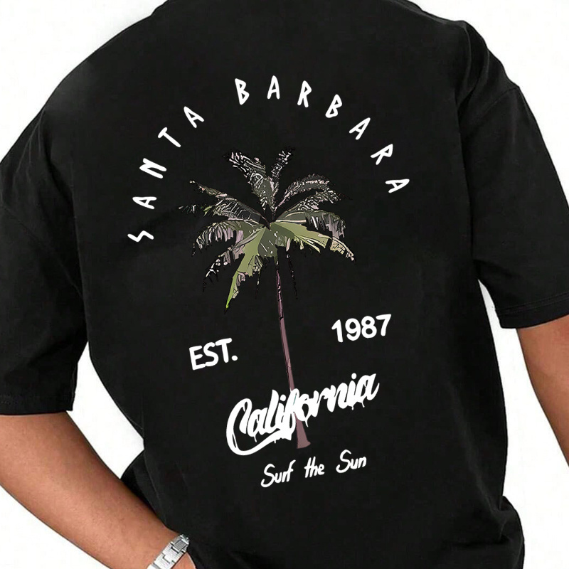 

Men's Summer Coconut Tree And Lettering Design Casual T-shirt With Short Sleeves And Round Neck