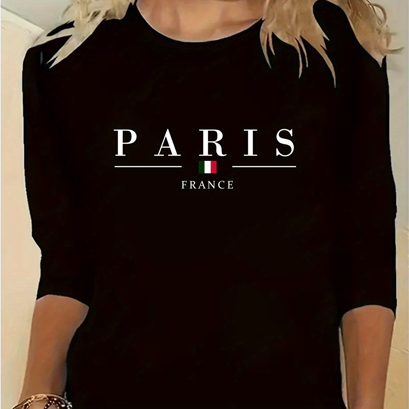 

Paris & Letter Print Casual T-shirt, Crew Neck Long Sleeve T-shirt For Spring & Fall, Women's Clothing