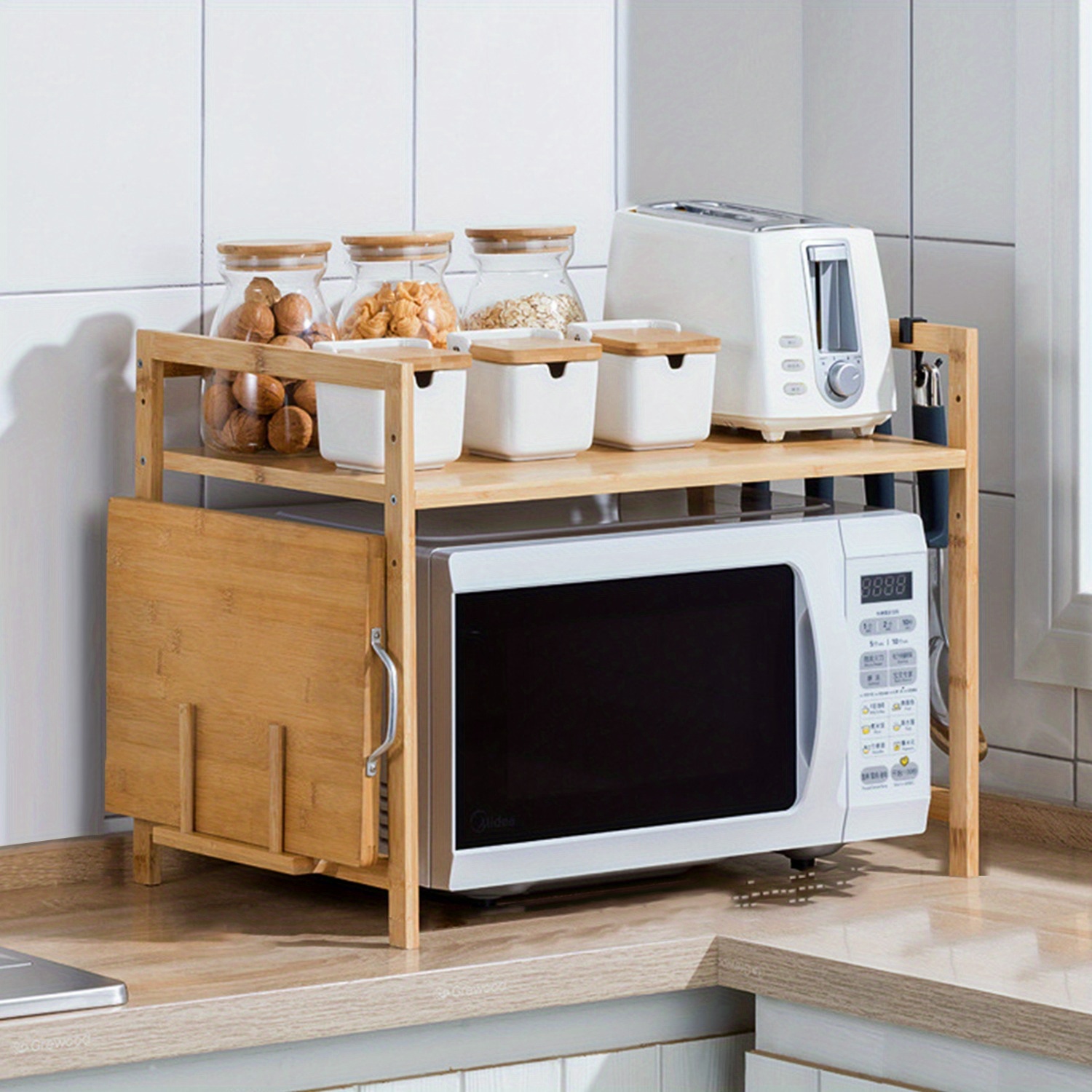 TEMU Microwave Rack, Bamboo Microwave Oven, Microwave Rack, Microwave Bracket, Kitchen Bracket, Spice Rack With Hooks