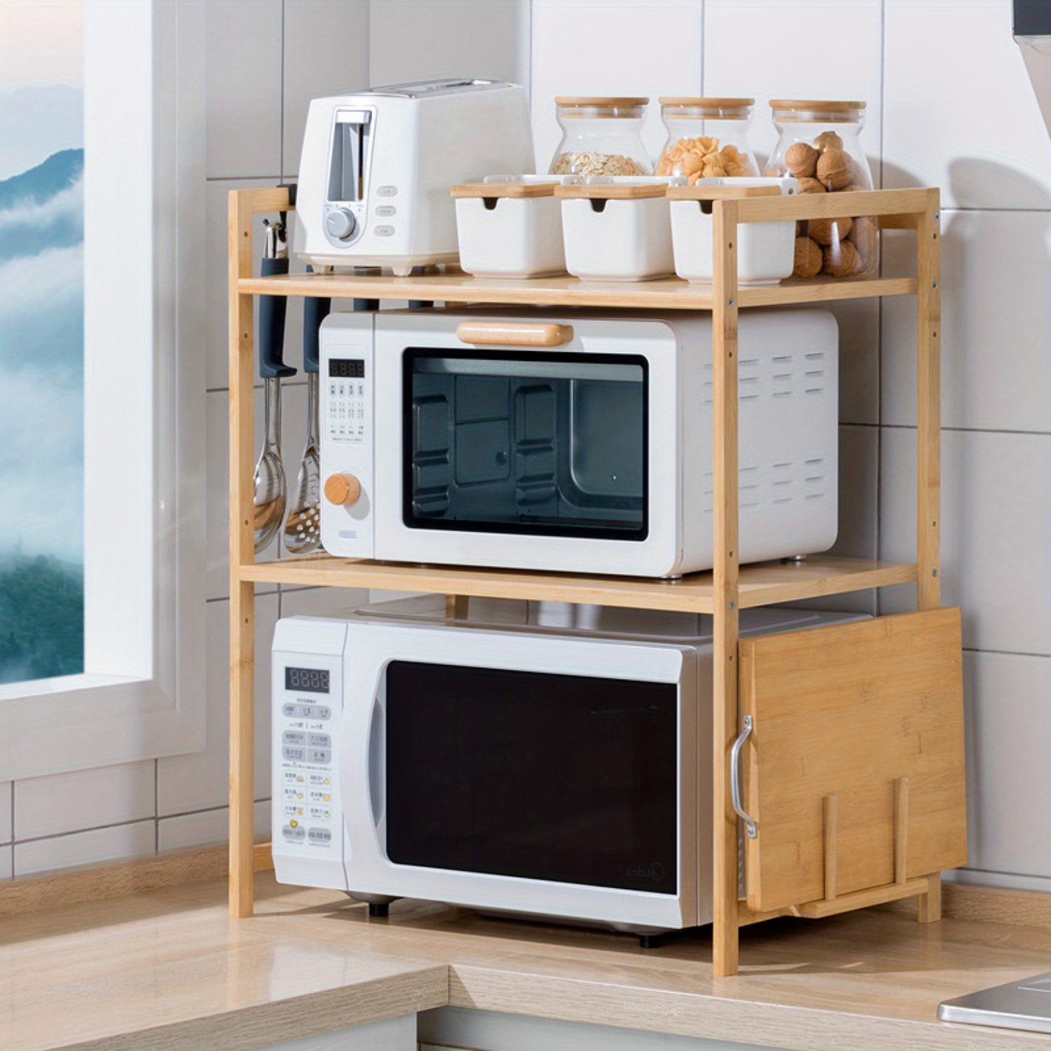 TEMU Microwave Rack, Bamboo Microwave Oven, Microwave Rack, Microwave Bracket, Kitchen Bracket, Spice Rack With Hooks