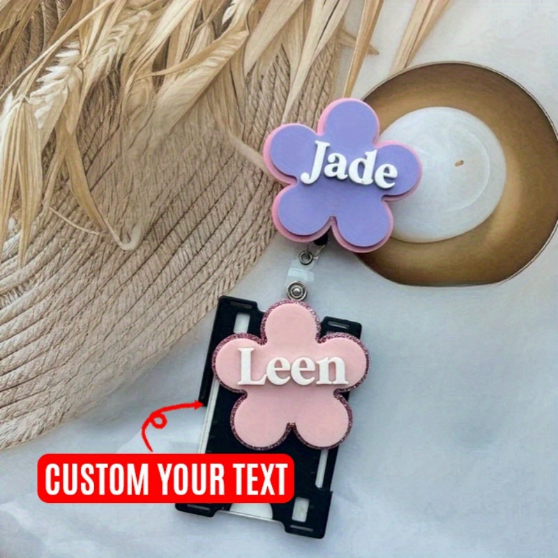 

1pc Customized Flower Badge Reel With Name Tag, Acrylic Personalized Retractable Nurse Id Badge Holder, Gift For Medical Staff, Doctors, Students - Custom Text Office Accessory