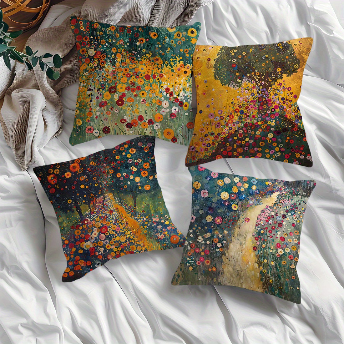 

Contemporary Klimt-inspired Floral Pathway Throw Pillow Covers Set Of 4 - Living Room Decorative Cushion Cases, Woven Polyester, Zipper Closure, Machine Washable, 17.7x17.7 Inch