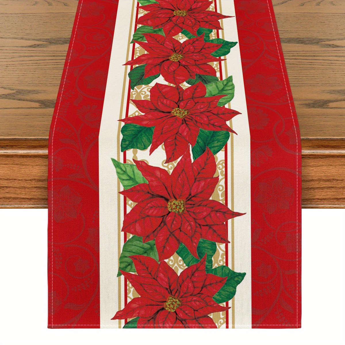 TEMU Sm:e Watercolor Poinsettia Red Christmas Table Runner 13 X 72 Inch, Placemat 12 X 18 Inch, Seasonal Winter Dining Table Room Funky Home Decoration For Indoor Outdoor Home Funky Home Decor